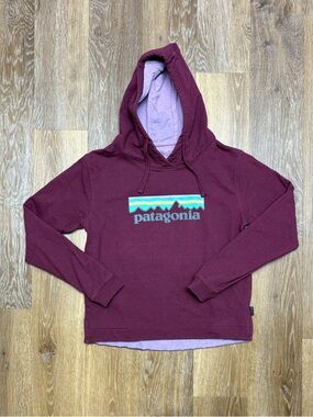 Patagonia Women's Burgundy Pullover Hoodie with Mountain Logo